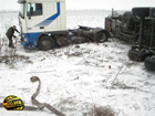 Водитель грузовика не справился с управлением и перевернулся в поле. Фото