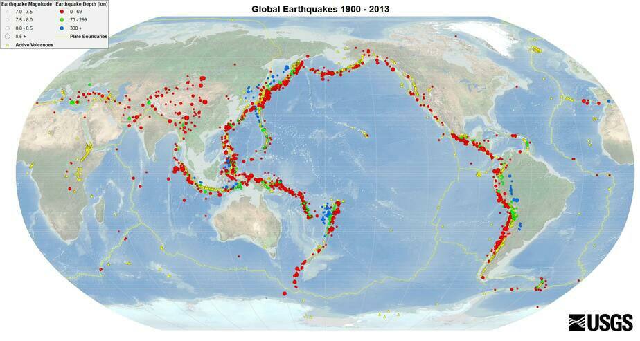 Регионы мира, где происходили землетрясения в 1900-2013 гг. 